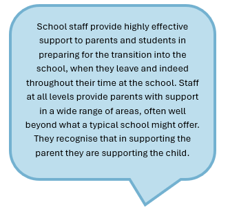 School staff provide highly effective support to parents and students in preparing for the transition into the school, when they leave and indeed throughout their time at the school. Staff at all levels provide parents with support in a wide range of areas, often well beyond what a typical school might offer. They recognise that in supporting the parent they are supporting the child.