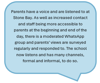 Parents have a voice and are listened to at Stone Bay. As well as increased contact and staff being more accessible to parents at the beginning and end of the day, there is a moderated WhatsApp group and parents’ views are surveyed regularly and responded to. The school now listens and has many channels, formal and informal, to do so. 