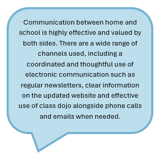 Communication between home and school is highly effective and valued by both sides. There are a wide range of channels used, including a coordinated and thoughtful use of electronic communication such as regular newsletters, clear information on the updated website and effective use of class dojo alongside phone calls and emails when needed.